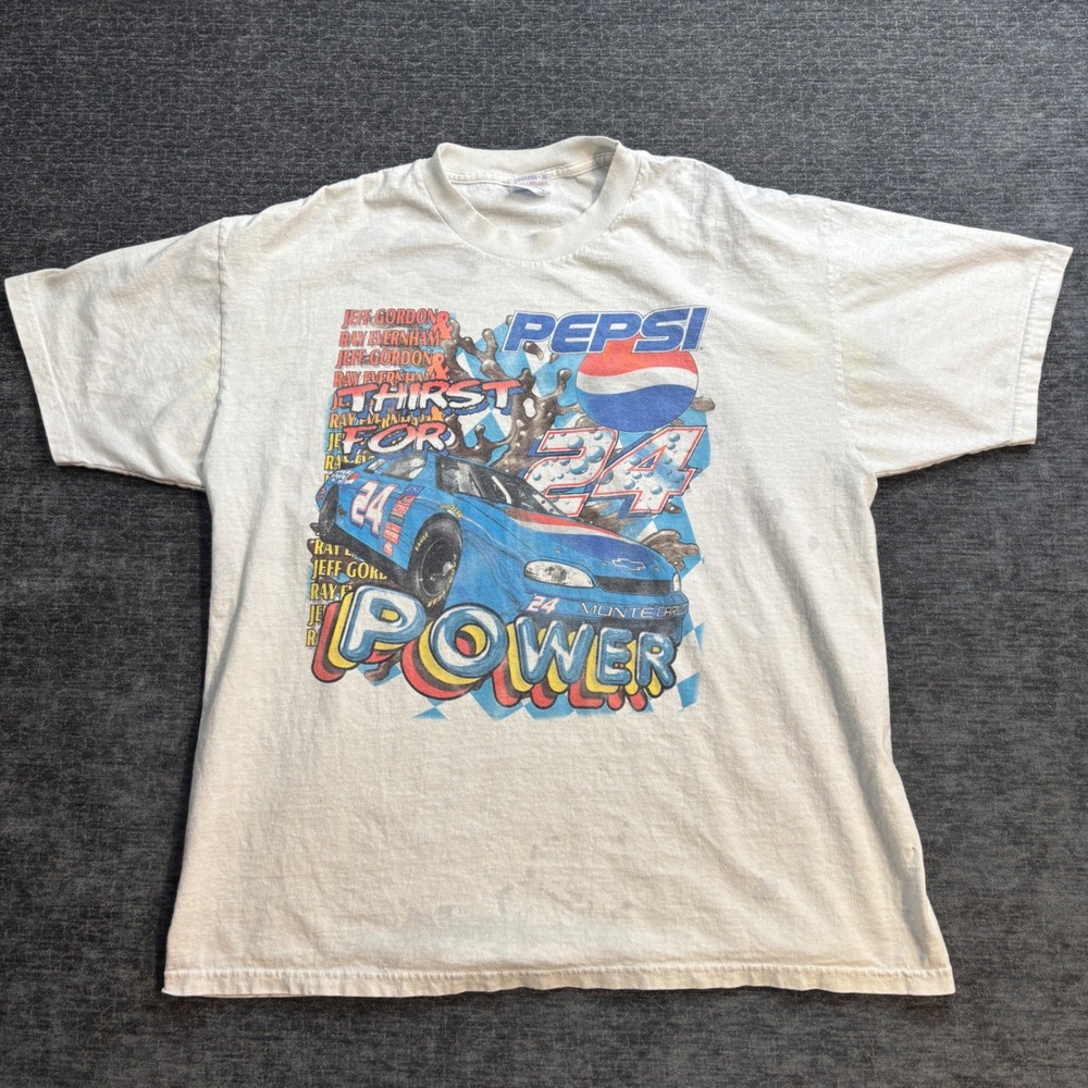 Vintage Jeff Gordon Pepsi Thirst For Power NASCAR T Shirt White XL Nascar Y2K